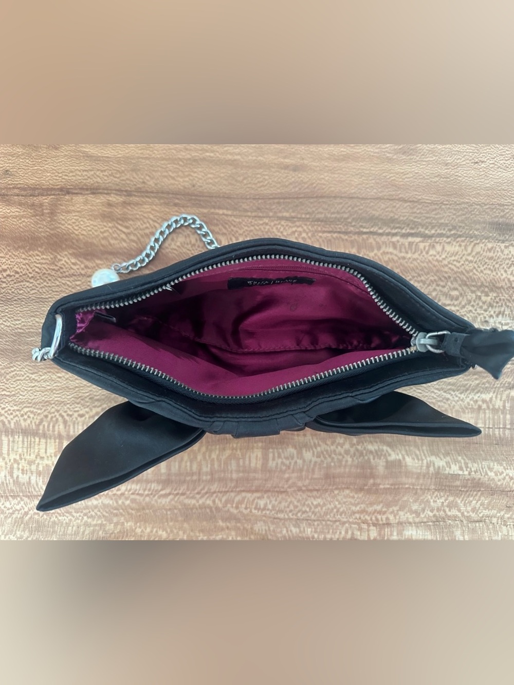 White House Black Market Black Bow-Front Evening Shoulder Bag with Pearl Chain - Picture 4 of 12